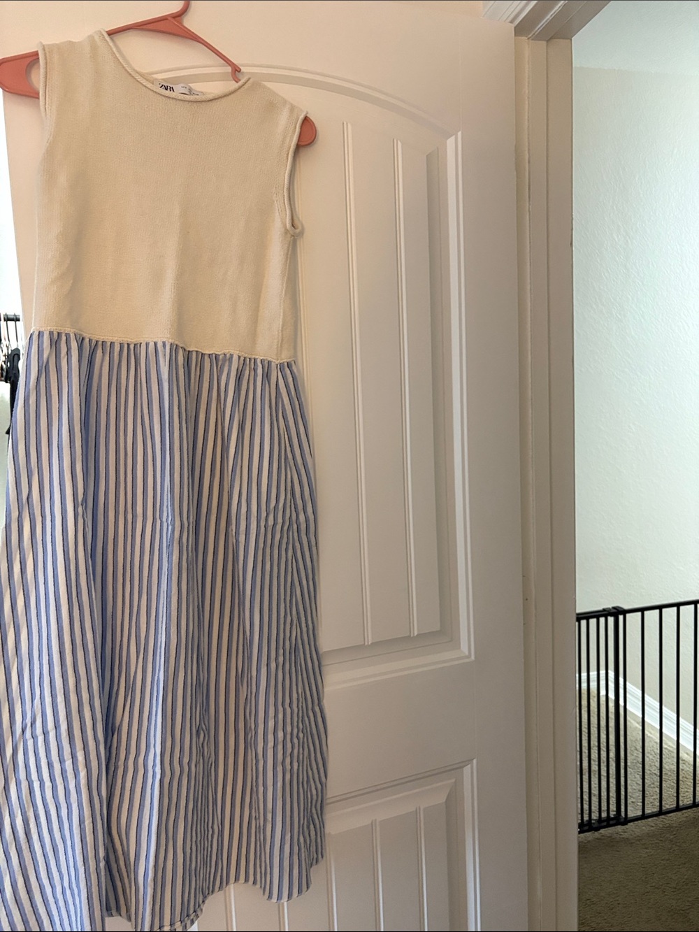 Zara Cream Bodice with Blue-White Striped Bottom Women’s Midi Dress